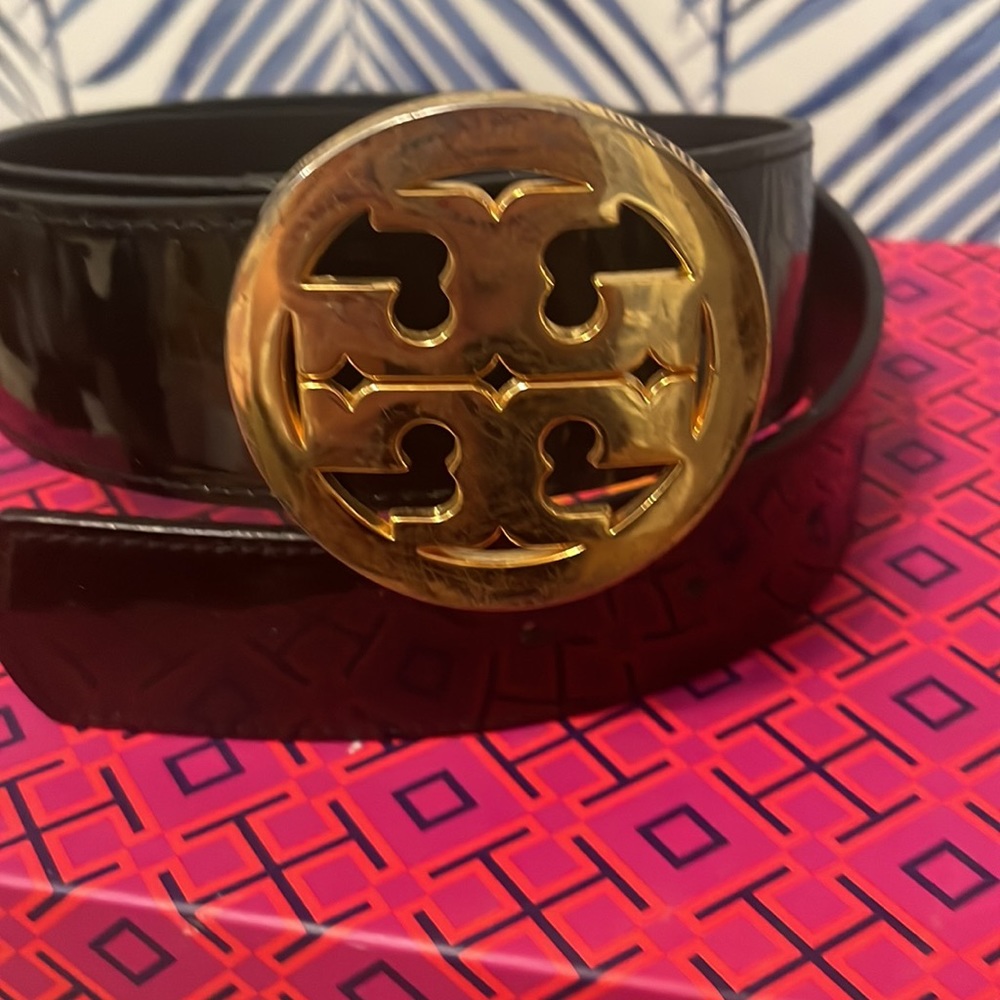 Tory Burch Wide Black Leather Belt with Gold Logo Sz Medium